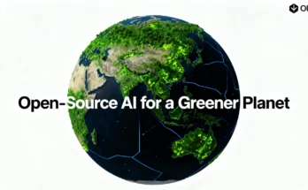 A vibrant image of a digital globe with AI visualizations of reforestation and ocean health, representing Google's OlmoEarth open-source AI for conservation.