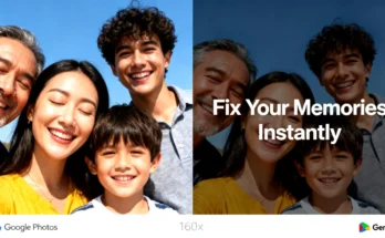 An infographic showing the new Google Photos AI editing tools powered by Nano Banana, fixing a family photo and turning another into a painting.