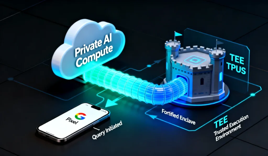 A diagram explaining how Google's Private AI Compute platform securely processes sensitive AI tasks in a Trusted Execution Environment.

