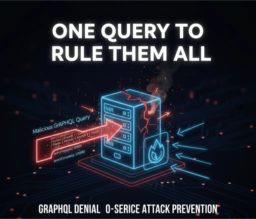 An infographic illustrating how a malicious GraphQL query can cause a Denial-of-Service (DoS) attack by exploiting deeply nested queries and query complexity.
