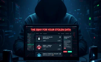 A hooded figure using a laptop with dark web marketplace listings for leaked databases visible on the screen, illustrating the illegal data trade.