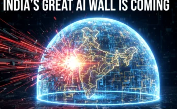 A conceptual image of India's National AI Firewall, a digital shield protecting the country from AI-powered cyberattacks.