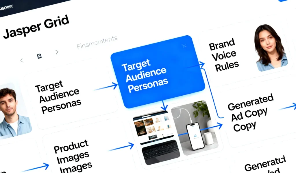 An image of the Jasper Grid interface, the new AI operating system for marketing, showing how it automates content creation in a spreadsheet format.