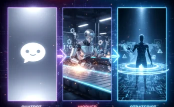 A conceptual image showing the Kimi K2 AI evolving from a simple chatbot to a "worker" and finally to a high-level "strategist."