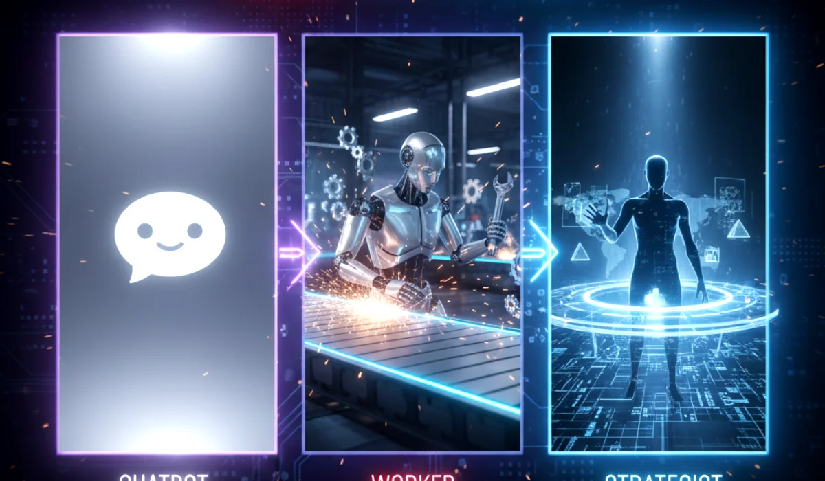 Warning: Kimi K2 Is Not Just a Chatbot. It Can Do This Now. A conceptual image showing the Kimi K2 AI evolving from a simple chatbot to a "worker" and finally to a high-level "strategist."