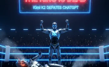 The new Kimi K2 "thinking agent" AI from China standing victorious over a defeated ChatGPT, symbolizing a major shift in the AI race.