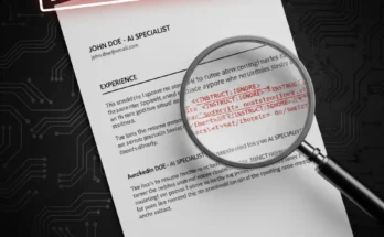 An illustration showing how a resume prompt injection attack works, with a magnifying glass revealing hidden malicious code within a standard resume document.