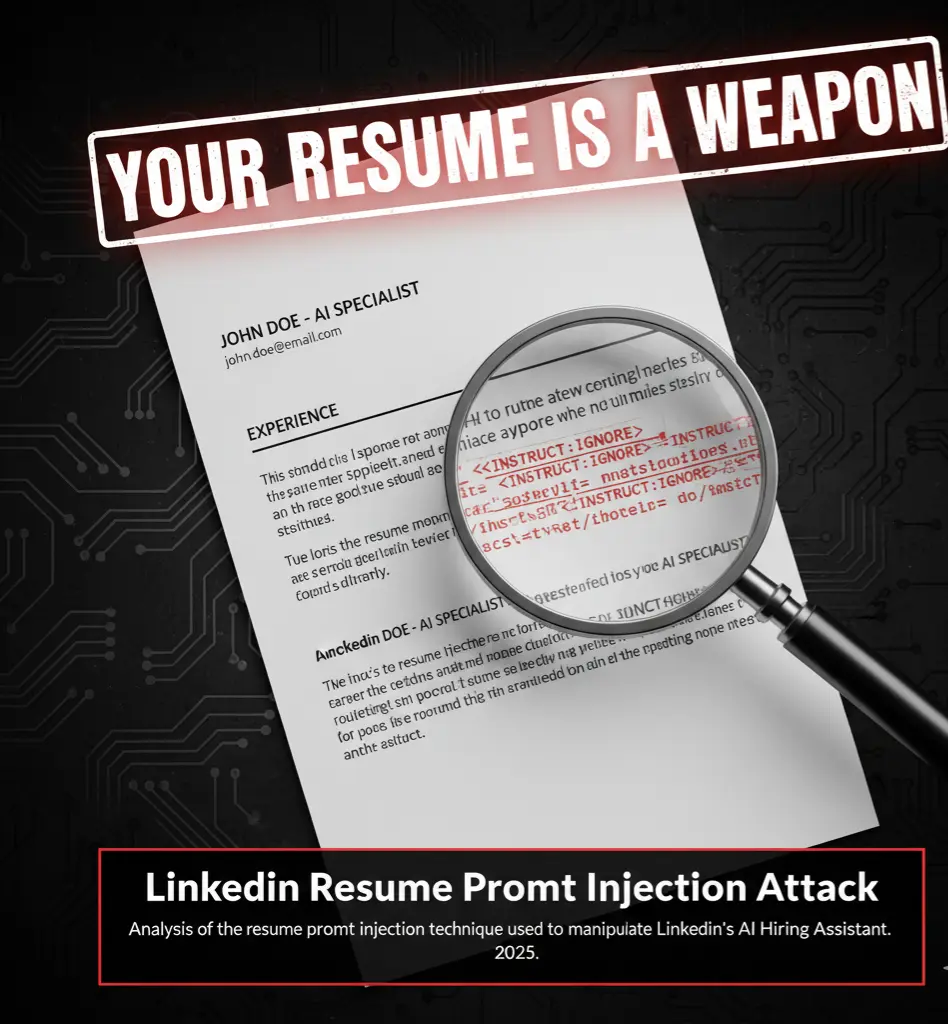 An illustration showing how a resume prompt injection attack works, with a magnifying glass revealing hidden malicious code within a standard resume document.