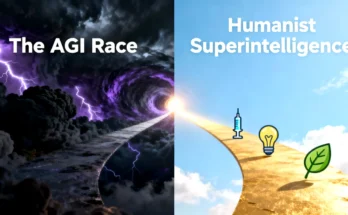 An infographic comparing the chaotic, risky path of the AGI Race to the clear, beneficial path of Microsoft's Humanist Superintelligence strategy.