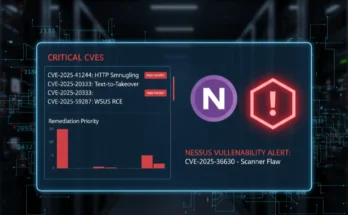 A security analyst viewing the Nessus vulnerability scanner dashboard, which displays critical CVEs and remediation priorities for 2025.
