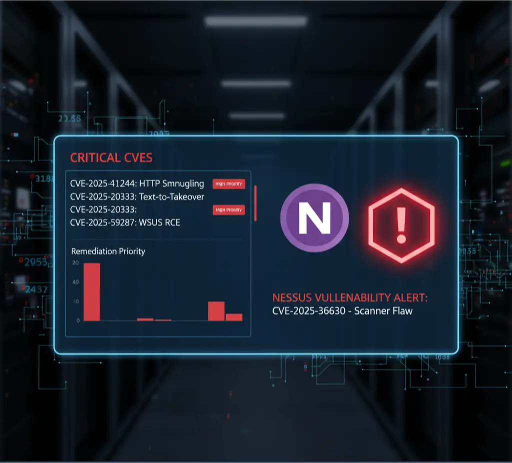 A security analyst viewing the Nessus vulnerability scanner dashboard, which displays critical CVEs and remediation priorities for 2025.
