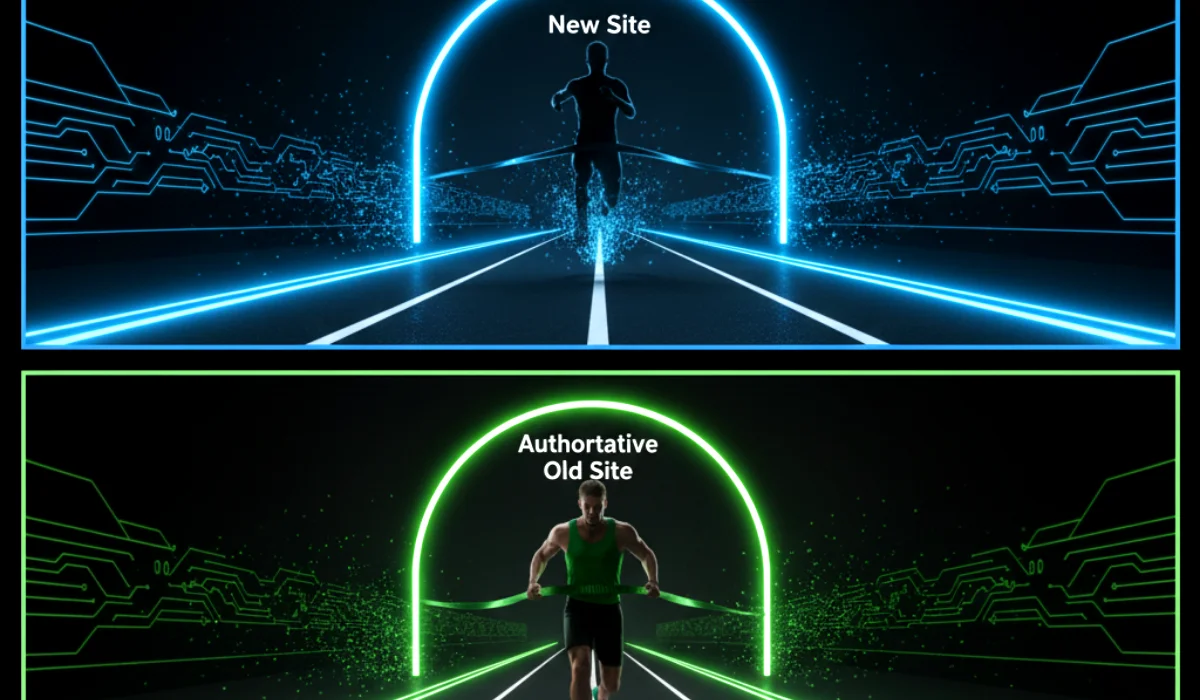 Why New Sites Go Viral on Discover (While Old Sites Die): The 2025 Pattern A diagram showing a new, small website winning a short sprint while an older, more authoritative website wins the long marathon for Google Discover traffic.