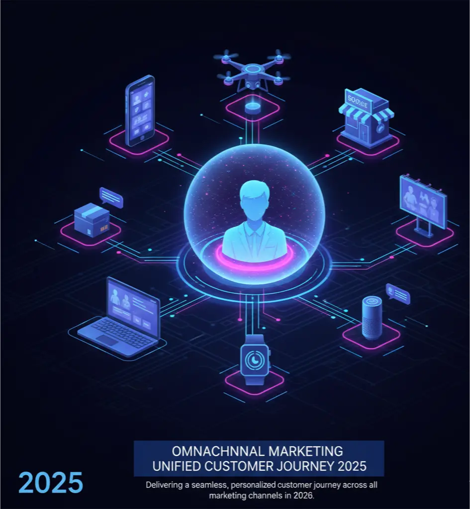 Illustration showing interconnected digital and physical marketing touchpoints forming a unified customer experience for 2025.