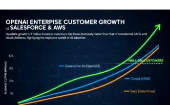 A powerful bar chart comparing the unprecedented speed of OpenAI's enterprise adoption to that of previous tech giants like Salesforce and AWS.