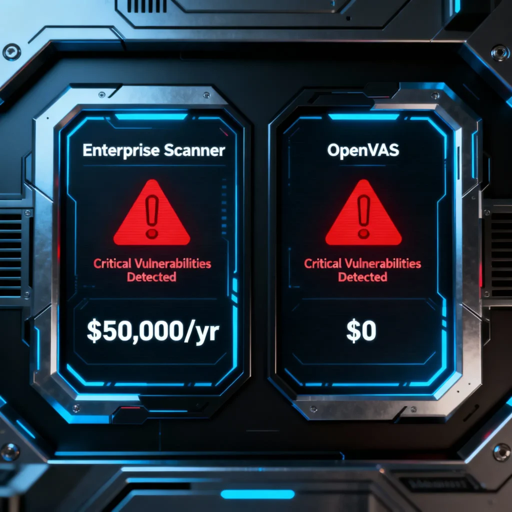 A comparative infographic showing the OpenVAS dashboard next to an enterprise scanner dashboard, highlighting identical critical vulnerabilities found by both tools.