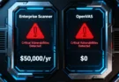 A comparative infographic showing the OpenVAS dashboard next to an enterprise scanner dashboard, highlighting identical critical vulnerabilities found by both tools.