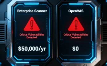A comparative infographic showing the OpenVAS dashboard next to an enterprise scanner dashboard, highlighting identical critical vulnerabilities found by both tools.