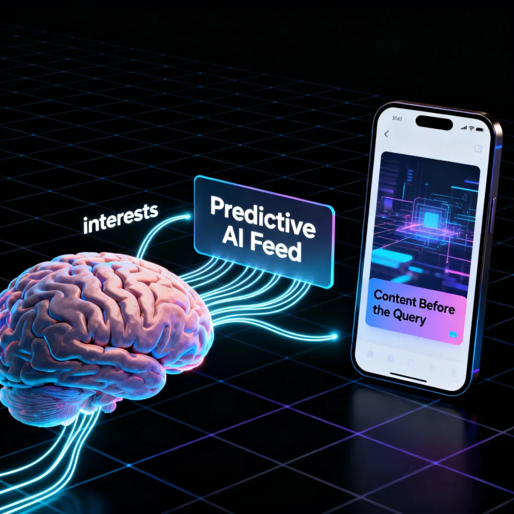 An infographic explaining the Pre-Search Content Positioning framework, showing how behavioral signals and entity density lead to proactive recommendations on AI feeds like Google Discover.