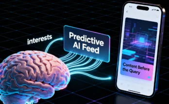 An infographic explaining the Pre-Search Content Positioning framework, showing how behavioral signals and entity density lead to proactive recommendations on AI feeds like Google Discover.