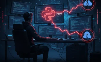 A security diagram illustrating the PyPI supply chain attack vector where malicious Python packages steal developer AWS credentials.