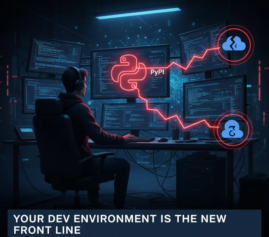 A security diagram illustrating the PyPI supply chain attack vector where malicious Python packages steal developer AWS credentials.
