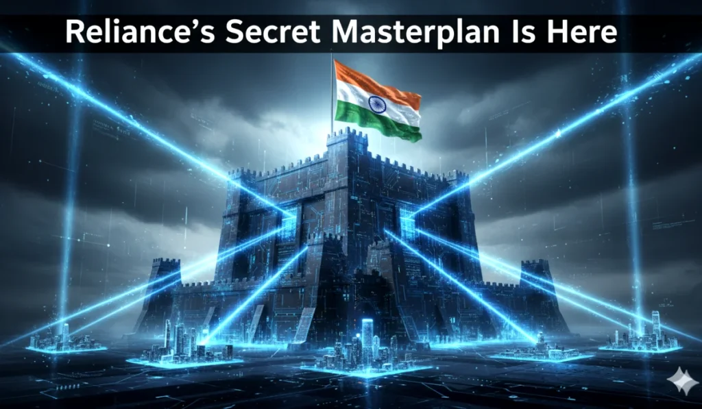 A powerful image showing the new Reliance 1-GW AI Data Centre as a digital fortress protecting India's data and future.