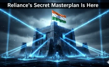 A powerful image showing the new Reliance 1-GW AI Data Centre as a digital fortress protecting India's data and future.