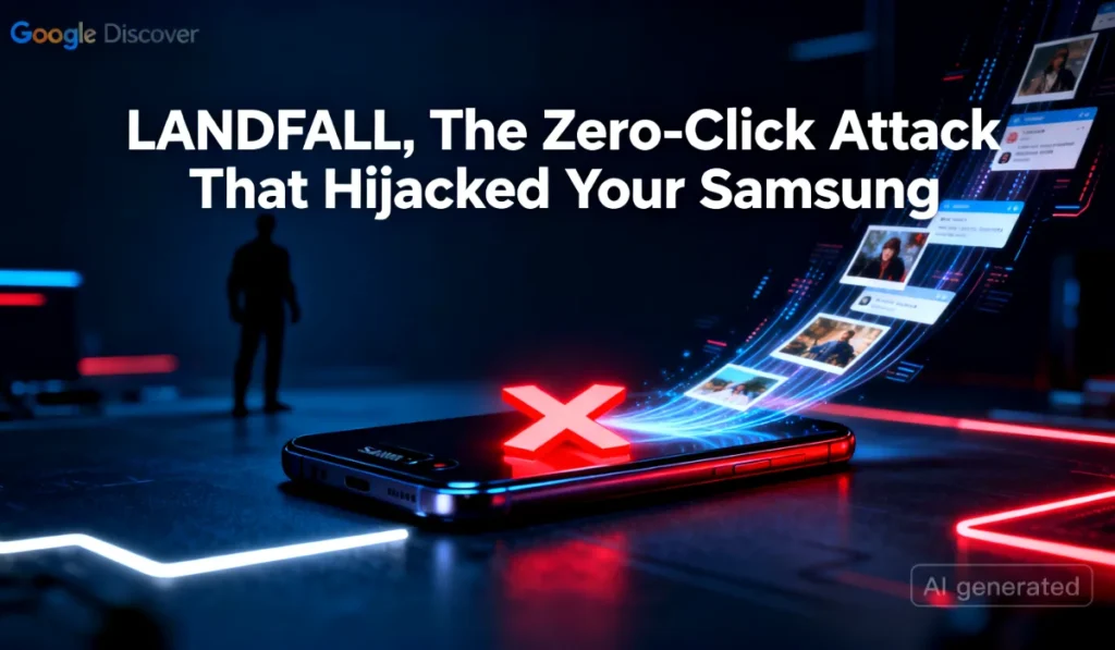 An image showing a compromised Samsung phone being targeted by the LANDFALL zero-day spyware attack, with data being exfiltrated.
