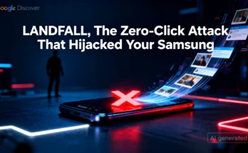 An image showing a compromised Samsung phone being targeted by the LANDFALL zero-day spyware attack, with data being exfiltrated.