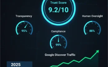 An infographic of the "Authenticity Scorecard," showing how a brand's trust score is calculated based on transparency, human oversight, and compliance with India's 2025 synthetic content rules.