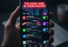 A smartphone displaying the Telegram app interface, but the channels are shown as illicit marketplaces for stolen data and hacking tools.