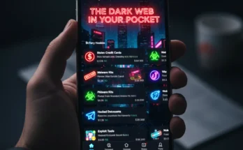 A smartphone displaying the Telegram app interface, but the channels are shown as illicit marketplaces for stolen data and hacking tools.