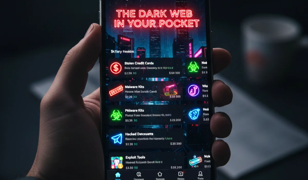 Why Telegram Became the #1 Hub for Cybercrime in 2025: The Inside Story A smartphone displaying the Telegram app interface, but the channels are shown as illicit marketplaces for stolen data and hacking tools.