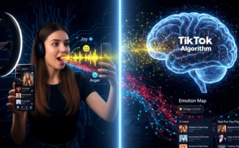 A conceptual image showing the TikTok AI algorithm creating an "Emotion Map" by listening to the audio of a creator's video.