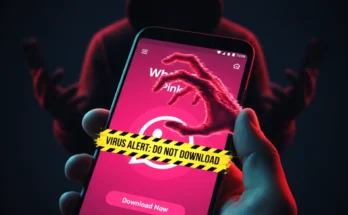 A smartphone screen showing the "WhatsApp Pink" download page with a red "VIRUS DETECTED" warning and a hacker silhouette in the background.