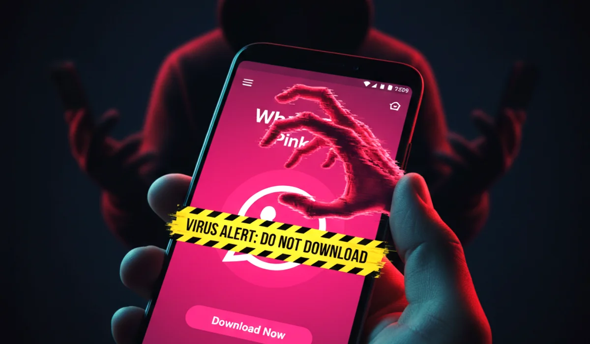 Do Not Download “WhatsApp Pink” – The Viral Update Is a Virus (2025 Alert) A smartphone screen showing the "WhatsApp Pink" download page with a red "VIRUS DETECTED" warning and a hacker silhouette in the background.