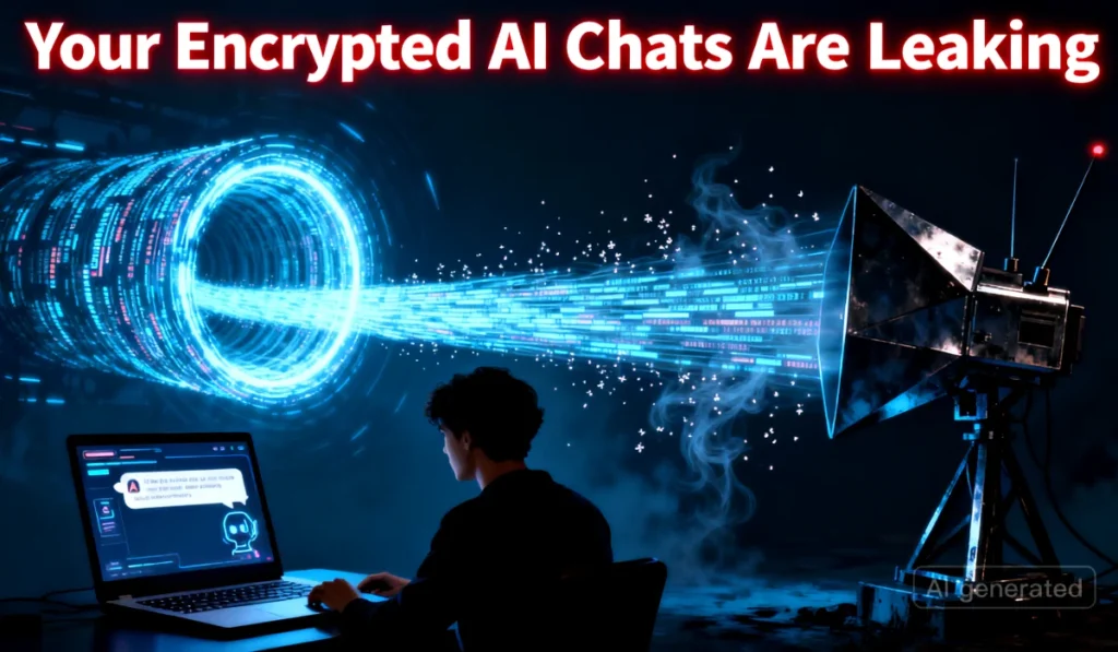 An infographic explaining the Whisper Leak vulnerability, where encrypted AI chat metadata is captured by a third-party observer.