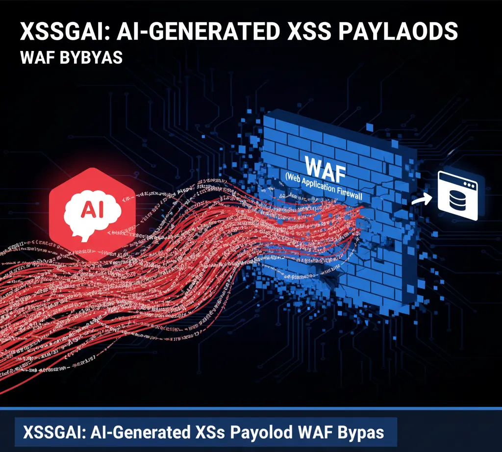 An infographic showing how the XSSGAI tool uses artificial intelligence to generate polymorphic XSS payloads that bypass a Web Application Firewall (WAF).
