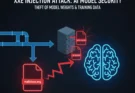 An infographic illustrating how an XXE (XML External Entity) injection attack can steal AI model weights and training data from a server through a malicious XML file.