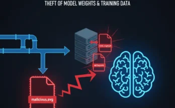An infographic illustrating how an XXE (XML External Entity) injection attack can steal AI model weights and training data from a server through a malicious XML file.