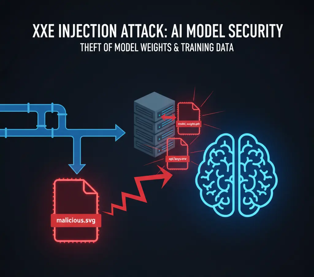 An infographic illustrating how an XXE (XML External Entity) injection attack can steal AI model weights and training data from a server through a malicious XML file.