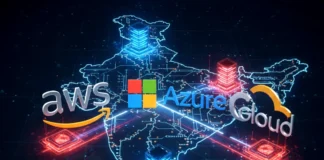 Amazon’s $35B India Bet: The $70B “Cloud War” with Microsoft & Google (Analysis) A digital illustration showing the logos of Amazon, Microsoft, and Google placed over a map of India, with a rising graph line and the text "$70 Billion AI Bet."