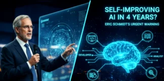AI Will Soon Think on Its Own: Are 2025 Graduates Ready for Eric Schmidt’s 4‑Year Warning? Former Google CEO Eric Schmidt speaking about AI at a university event, with a digital brain graphic in the background symbolising self‑improving artificial intelligence.