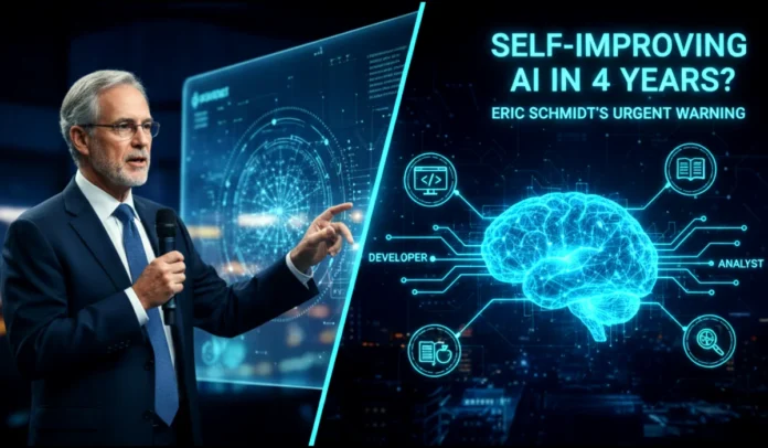 eric-schmidt-ai-warning-self-improving-ai-graduates-future-skills Former Google CEO Eric Schmidt speaking about AI at a university event, with a digital brain graphic in the background symbolising self‑improving artificial intelligence.