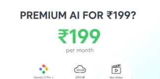Google AI Plus India @ ₹199: Gemini 3 Pro, 200GB Storage & More (Review) A comparison graphic showing Google AI Plus features (Gemini 3 Pro, Nano Banana, Veo) next to the ₹199 price tag and Google One logo.