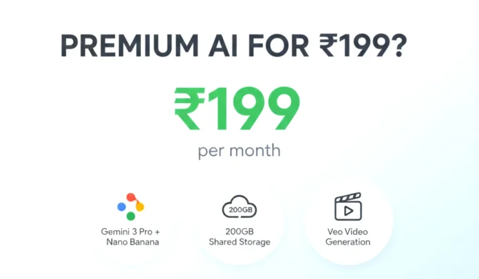 A comparison graphic showing Google AI Plus features (Gemini 3 Pro, Nano Banana, Veo) next to the ₹199 price tag and Google One logo.