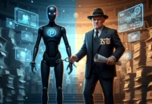 NYT vs. Perplexity AI: Why the Lawsuit Is Flawed & Anti-Innovation A conceptual illustration of a futuristic AI librarian representing Perplexity being handcuffed by an old-fashioned newspaper tycoon representing the NYT.