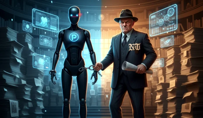 nyt-sues-perplexity-ai-lawsuit-innovation-vs-legacy-media A conceptual illustration of a futuristic AI librarian representing Perplexity being handcuffed by an old-fashioned newspaper tycoon representing the NYT.
