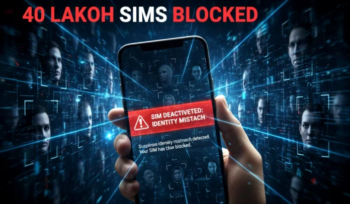 sanchar-saathi-astr-ai-sim-block-warning-2025 A dramatic digital illustration of a mobile phone screen showing a "SIM BLOCKED" warning message in red, with a background of a futuristic AI face-scanning grid.