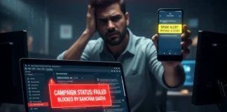 Digital Marketers Warning: Sanchar Saathi Blocks Unverified SMS (2025 Rules) A warning graphic showing a smartphone screen with a "MESSAGE BLOCKED: SUSPECTED SPAM" notification, superimposed over a matrix of binary code and the Sanchar Saathi logo.